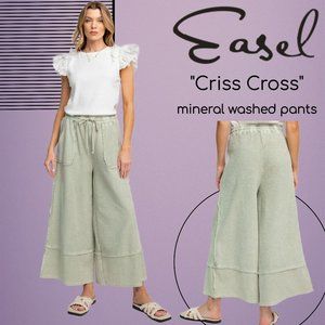 EASEL "Criss Cross" Mineral Washed Distressed Seams Cropped Pants Pockets Cotton